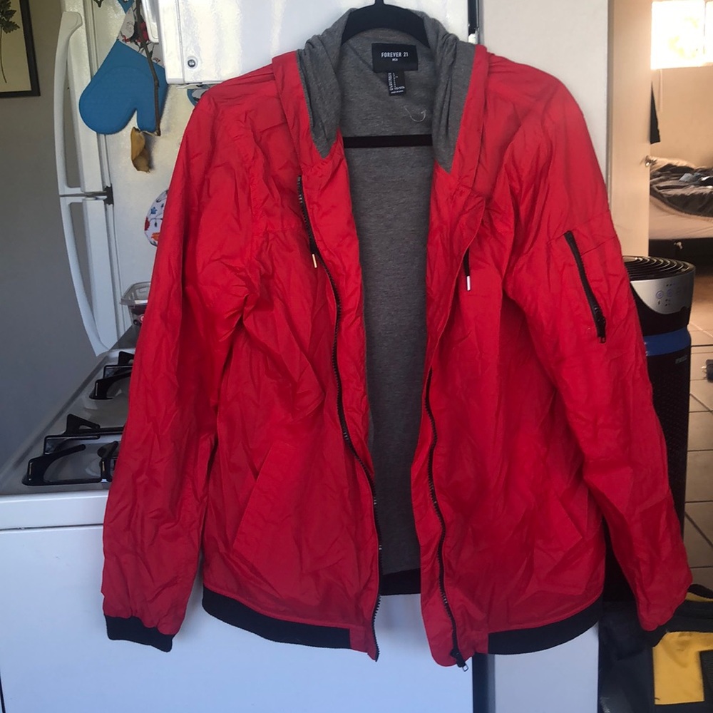 - Mens red gray and black longsleeve rain wind breaker bomber jacket